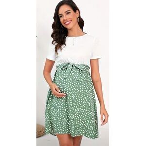 Boutique Maternity White & Pastel Green Polka Dot Midi Dress L